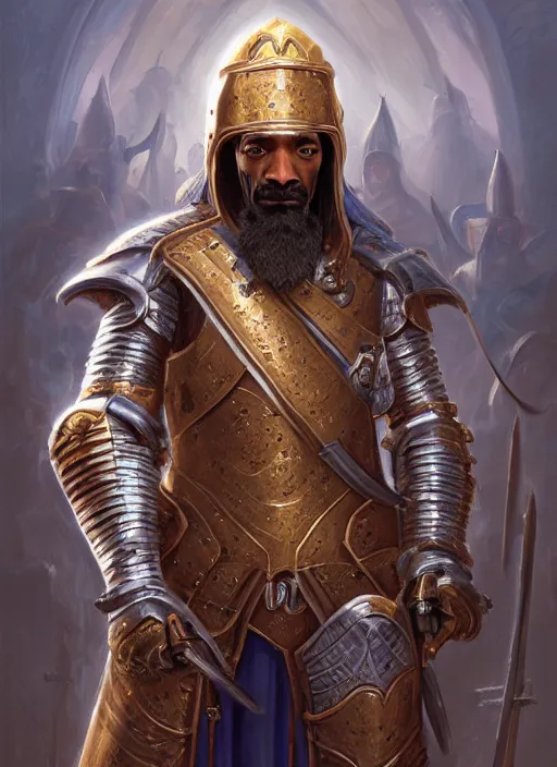 Image similar to snoop dogg as a paladin, short beard, grumpy, plate armor, Ivan Aivakovsky, Boris Vallejo, epic fantasy character art, D&D Concept Art, full length, Realistic, Regal, Refined, Detailed Digital Art, Oil Paining, Exquisite detail, post-processing, masterpiece, Cinematic Lighting, Unreal Engine, 8k, HD,