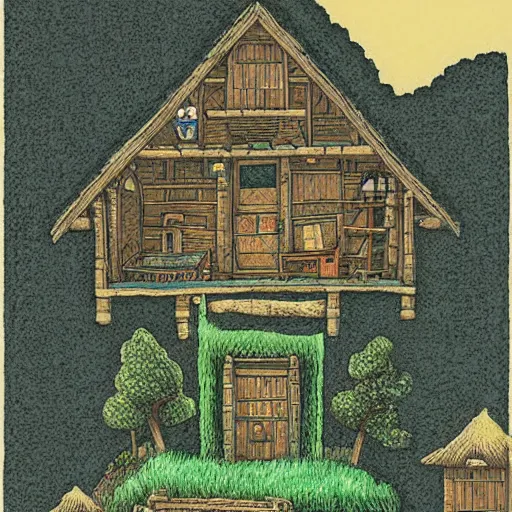 Prompt: an illustration by hayao miyazaki of a maze of small house intricate in the moutain, very detailed