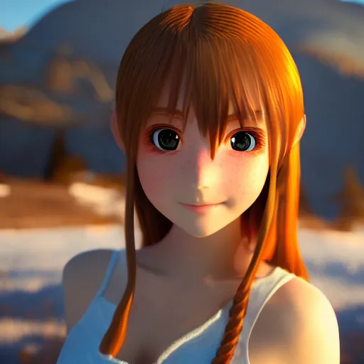 Image similar to Render of a very beautiful 3d anime girl, long hair, hazel eyes, cute freckles, full round face, short smile, cute sundress, golden hour, snowy hills setting, medium shot, mid-shot, highly detailed, trending on Artstation, Unreal Engine 4k