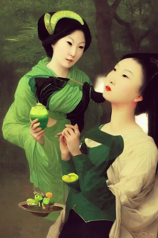 Prompt: a beautiful oriental woman, in a strict suit, distributes green lemonade with a painfully face at a children's party, highly detailed, artstation, illustration, jurgens, rutkowski, bouguereau, canon eos r 3