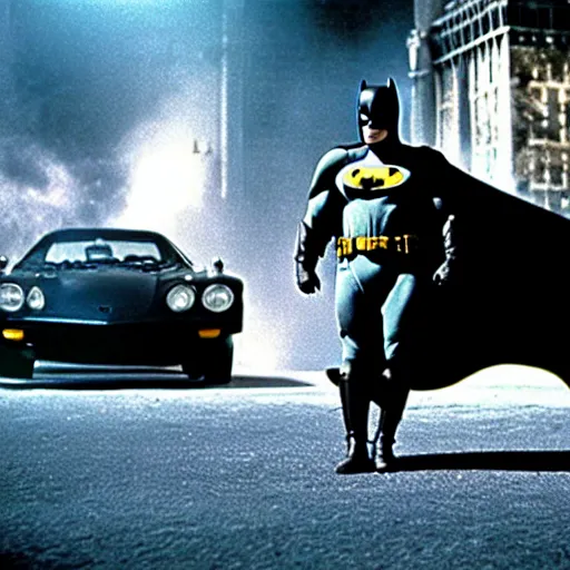 Image similar to henry cavill as batman in batman ( 1 9 8 9 ), standing next to the batmobile, by tim burton, dark deco, gotham city, film still