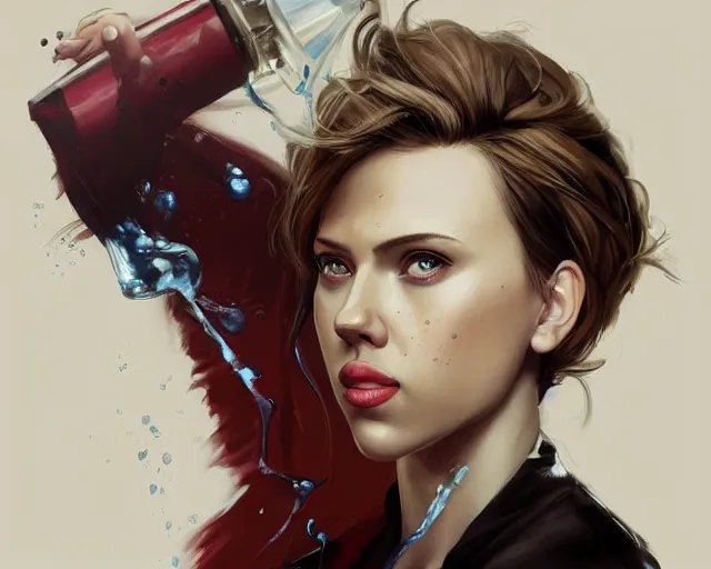 Image similar to portrait of scarlett johansson drinking water in team fortress 2 style, detailed face, dark fantasy art, fantasy, pretty, hd shot, digital portrait, beautiful, artstation, comic style, by artgerm, guy denning, jakub rozalski, magali villeneuve, neoartcore and charlie bowater