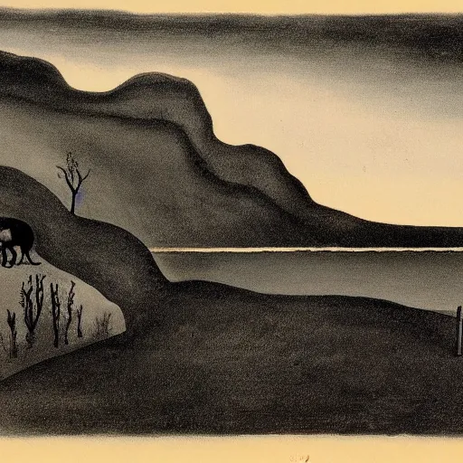 Image similar to A Landscape by Charles Addams and salvador dali