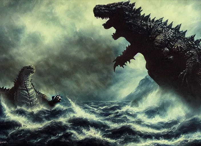 Image similar to godzilla emerges from a river and roars at the sky, beautiful landscape painting, very detailed, dramatic lighting