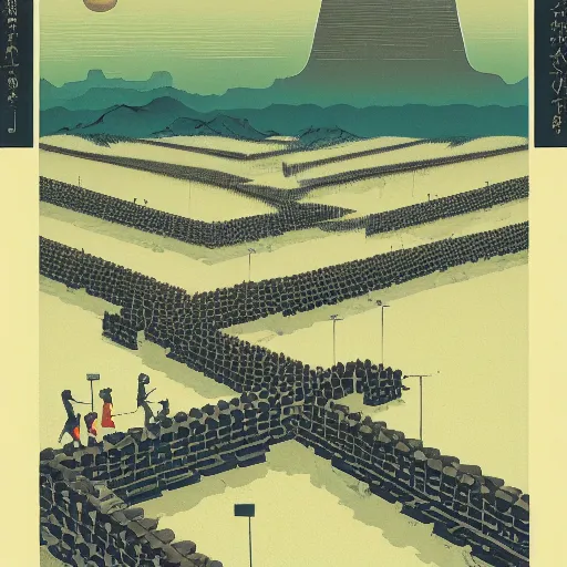 Image similar to a dystopian earth when humans are ruled by a large pointing finger and there are rows of people in shackles going to office jobs, flat design, screen print by kawase Hasui and Dan hillier, 8k, artstation