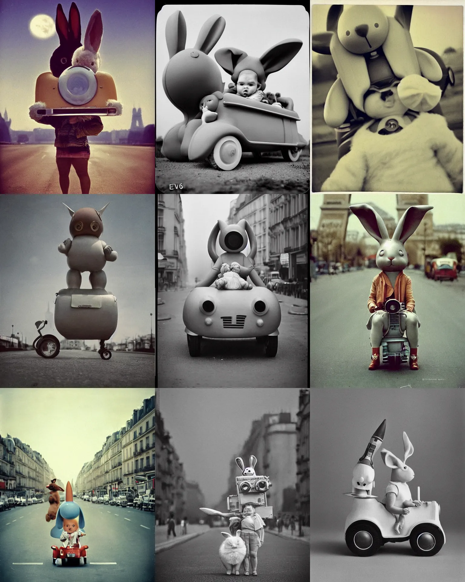 Prompt: 1960!! epic pose!!! Whimsical giant oversized rocket battle rabbit robot chubby mech baby car with giant oversized ears and rabbit with babies , in paris , full body , Cinematic focus, Polaroid photo, vintage , neutral dull colors, soft lights, foggy sunset , by oleg oprisco , by national archives, by discovery channel, by victor enrich , by gregory crewdson