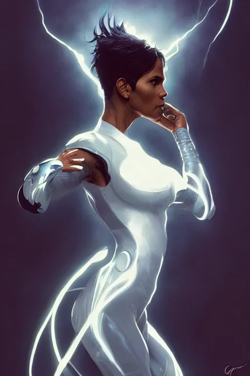 Image similar to halle berry storm as aeon flux profile picture by Greg Rutkowski, white hair, dynamic pose, intricate, futuristic, fantasy, lightning, elegant, by Stanley Artgerm Lau, greg rutkowski, thomas kindkade, alphonse mucha, loish, norman Rockwell,