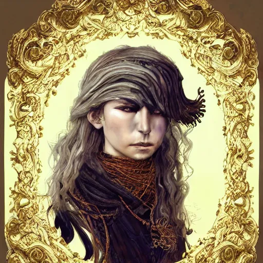 Image similar to portrait of a Shibari rope wrapped face and neck, headshot, insanely nice professional hair style, dramatic hair color, digital painting, of a old 15th century, old cyborg merchant, amber jewels, baroque, ornate clothing, scifi, realistic, hyperdetailed, chiaroscuro, concept art, art by Franz Hals and Jon Foster and Ayami Kojima and Amano and Karol Bak,