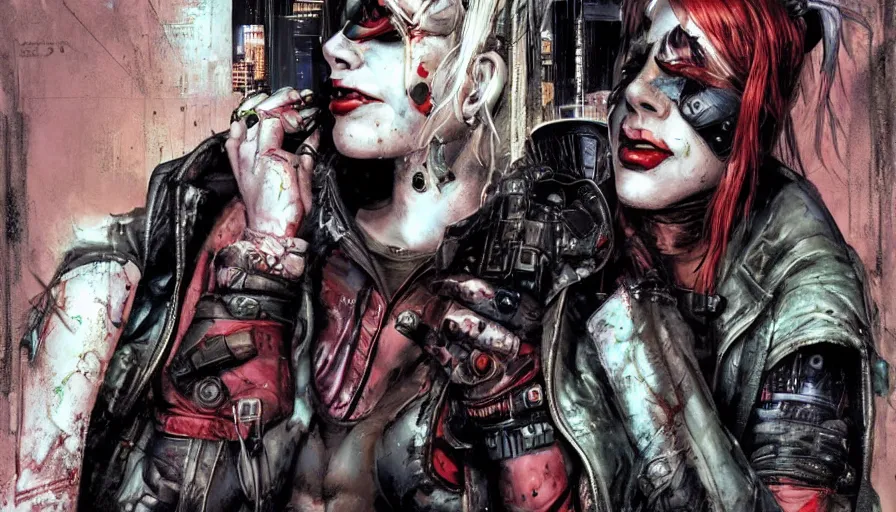 Image similar to a dream portrait of cyberpunk Harley Quinn in post apocalyptic Gotham art by Paul Dini, Travis Charest, Simon Bisley