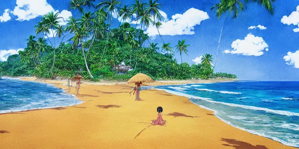 Prompt: sri lankan beach, drawn by hayao miyazaki