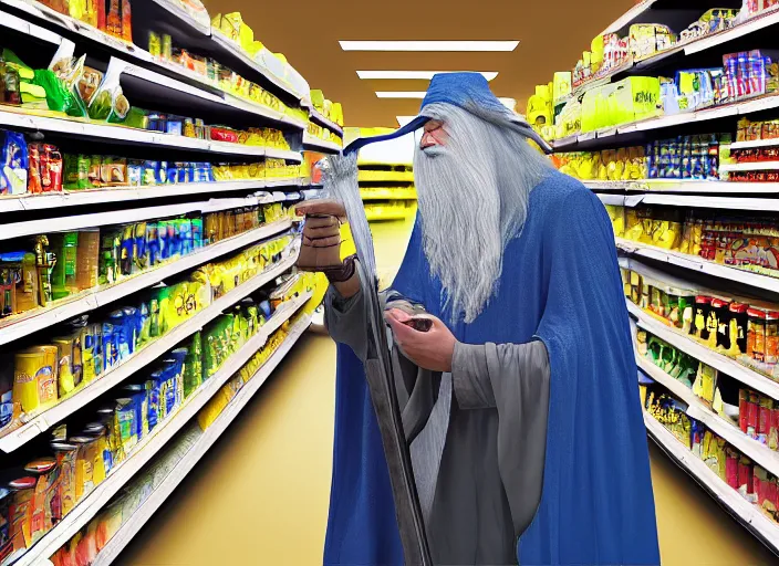 Image similar to digital art of Gandalf wearing wizard hat, stacking supermarket shelves, depressing, sad