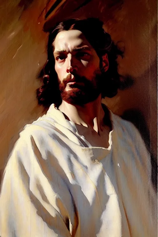 Prompt: leyendecker and solomon joseph solomon and richard schmid and jeremy lipking victorian loose genre loose painting full length portrait painting of jesus