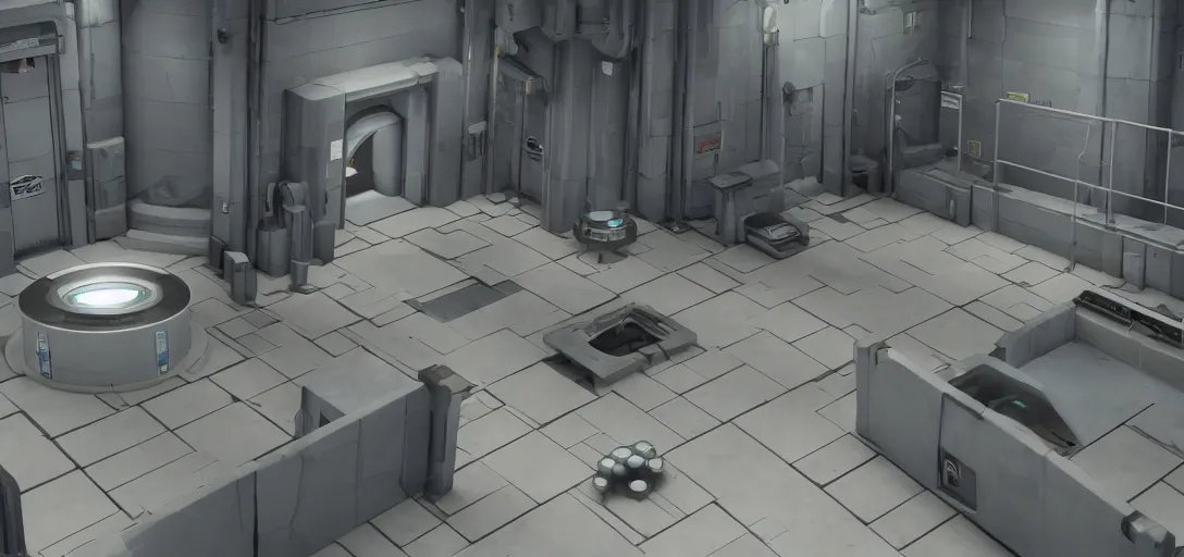 Image similar to Isometric 3d high octane render of a test chamber from Portal 2 Game