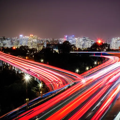 Image similar to dslr photo freeway photo at night, very high quality lights, intricate details, extremely high quality, moody lighting, real camera, real photo, slow - shutter, 8 k, full subject in shot