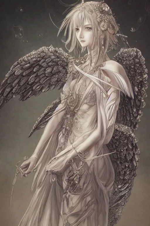 Prompt: Portrait of beautiful anime maiden with angelic wings, intricate, elegant, highly detailed, artstation, concept art, illustration, art by Yoshitaka Amano, Sakimichan, Katsuya Terada