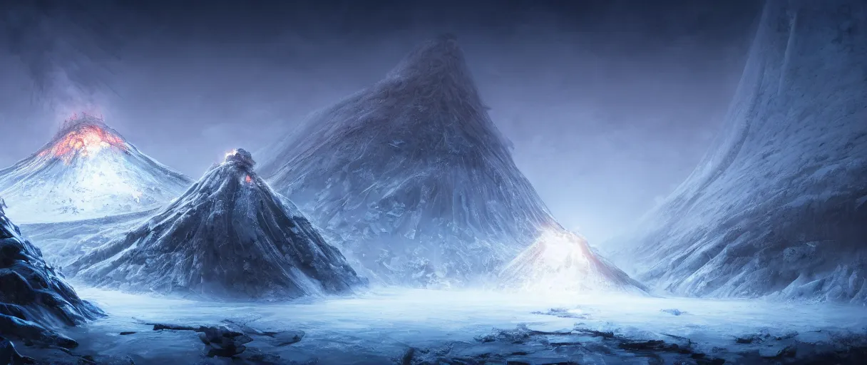 Image similar to digital painting of a frozen ice covered volcano, style of dark souls III, concept art, high angle, high detail, cold lighting, dark, vivid, beautiful, trending on artstation, by Jordan grimmer, no focus, huge scene, terrain visible