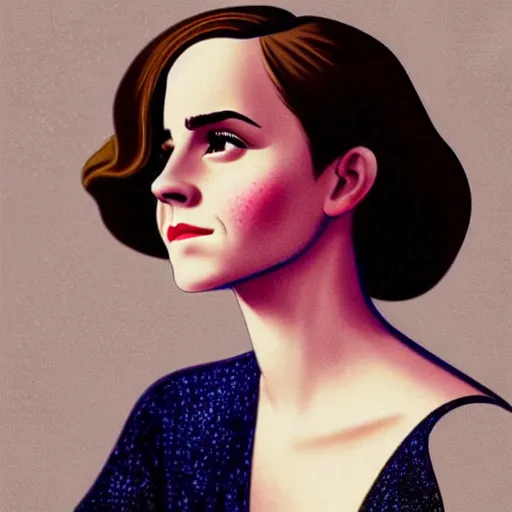 Image similar to “Emma Watson portrait, color vintage magazine illustration 1950”