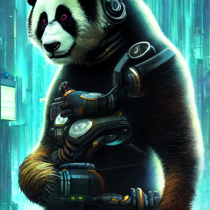 Image similar to cyberpunk panda, naturel, hyper detailed, digital art, trending in artstation, cinematic lighting, studio quality, smooth render, unreal engine 5 rendered, octane rendered, art style by klimt and nixeu and ian sprigger and wlop and krenz cushart.