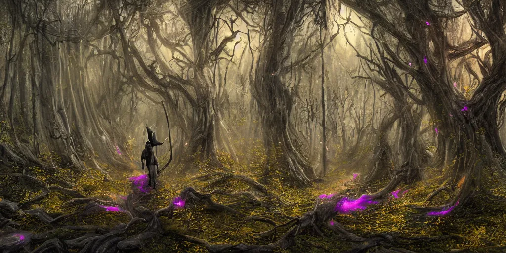 Prompt: a gothic wizard of old walking through an open field in a beautiful forest of ancient neurons with yellow and pink glowing synapses running through the forest, light creeps through the dense jungle, huge incredibly immense trees, highly detailed, hyperrealism, trending on art station, ancient forest like fanal forest or fangorn forest, misty forest, realistic painting, sharp image, hyper realistic art, highly detailed leaves, cinematic, art by konstantin razumov, chiaroscuro