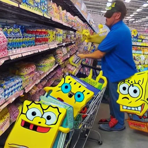 Prompt: spongebob shopping at walmart