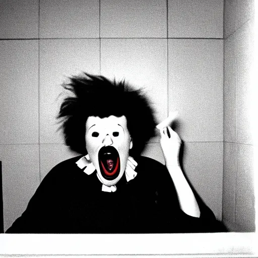 Image similar to creppy 2 0 0 1 photo of ronald mcdonald screaming in a dark room