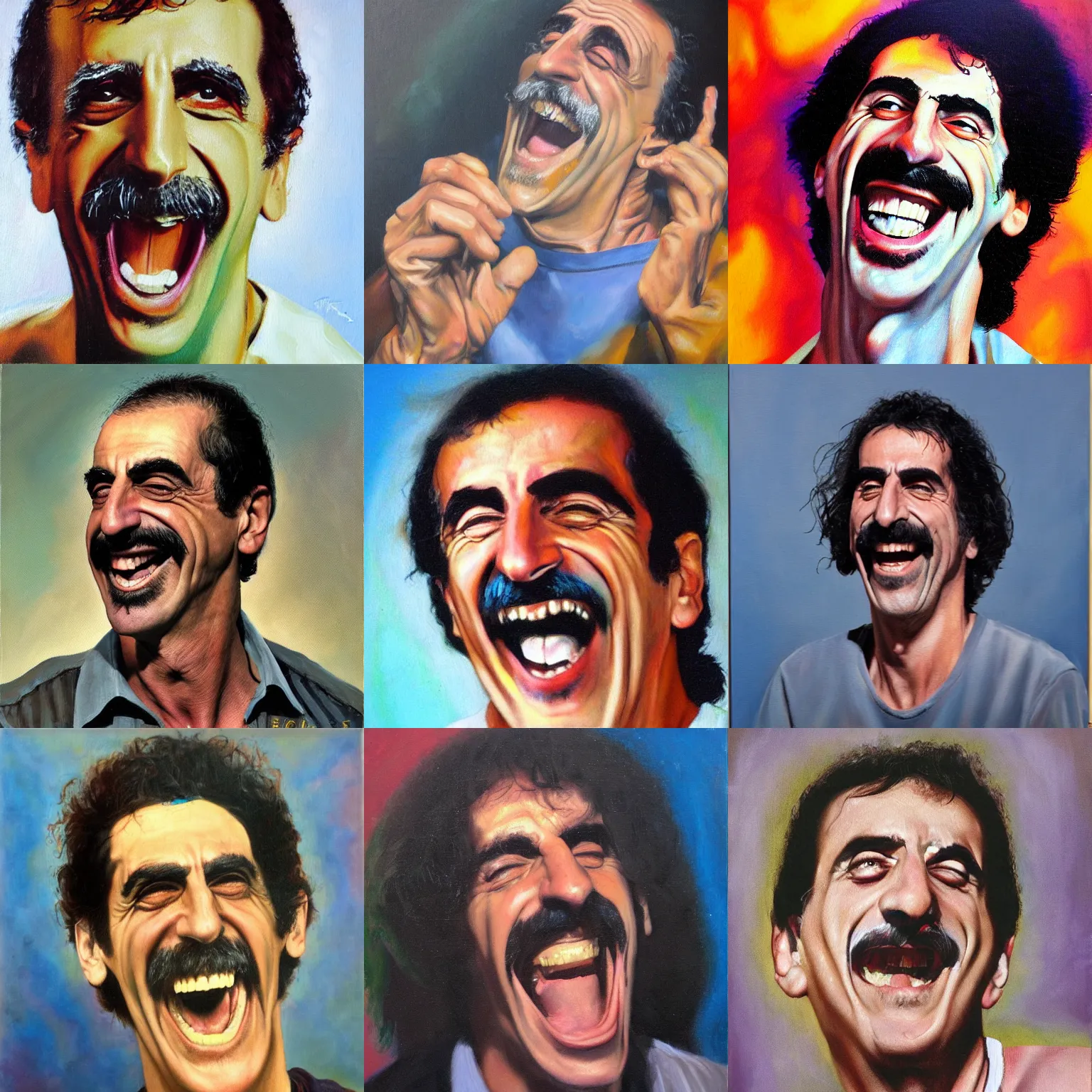 Prompt: Frank Zappa laughing, oil painting