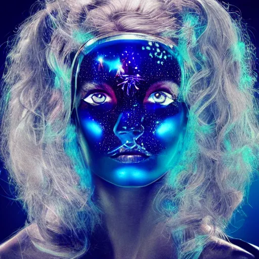 Prompt: portrait of a beautiful futuristic woman layered with high-tech jewelry wrapping around her face and head, blue eyes, golden-silver glow of moonlight with tiny blue, gold, and red gems scattered like dust