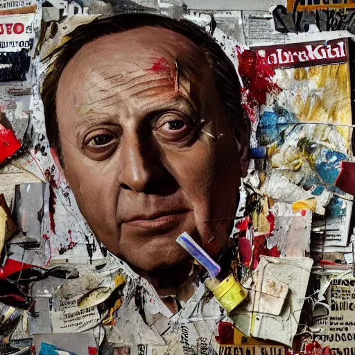 Image similar to hyperrealistic, photorealistic, mixed media oil painting of jack benny, magazine scraps, plaster, blood, oil, mustard, cigarettes, splatter, trending on artstation, award - winning painting, greg rutkowski, basquiat, ralph steadman, terry gilliam