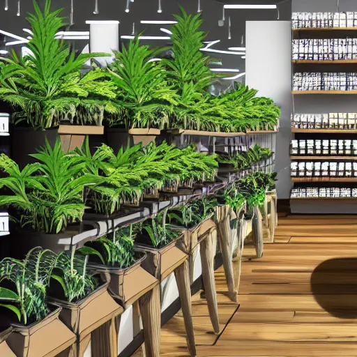 Prompt: bustling small shop neatly organised retail cannabis leaves in cute designer planters, aussie, environment portrait ink drawn by steve hanks, australia video game still render by pixar