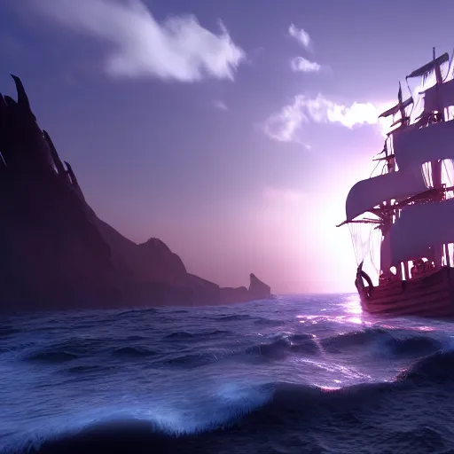 Image similar to pirate ship on a magical ethereal sea, 8k, HDR, cinematic, volumetric lighting, unreal engine 5