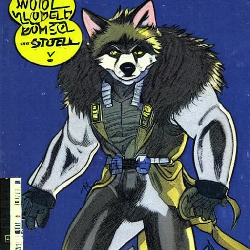 Image similar to 1 9 8 0 s comic book cover scan featuring a portrait of villain male wolf o'donnell anthropomorphic wolf furry fursona from starfox wearing a dark space mercenary uniform, dark grey wolf, handsome eyes, wolf o'donnell