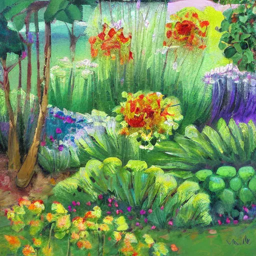 Prompt: A soft painting of a warm garden, low detail