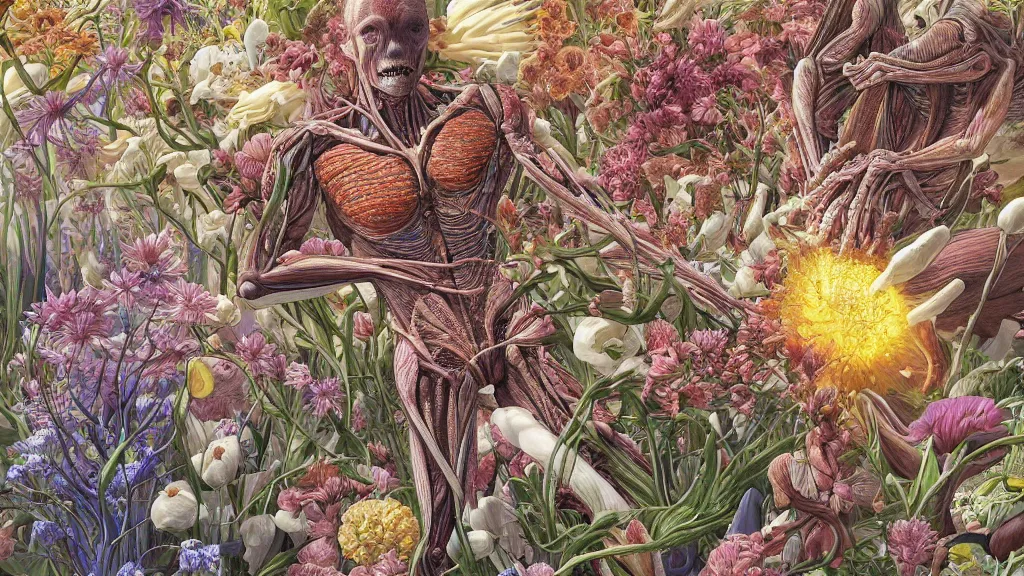 Prompt: highly detailed illustration of a human anatomy body exploded by all the known species of flowers by juan gatti, by makoto shinkai, by moebius!, by oliver vernon, by joseph moncada, by damon soule, by manabu ikeda, by kyle hotz, by dan mumford, by kilian eng