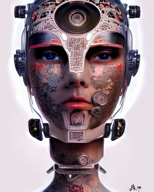 Image similar to portrait of a cyberpunk machine, machine face, upper half portrait, decorated with chinese opera motifs, asian, fine china, traditional chinese art, intricate, elegant, highly detailed, symmetry, digital painting, artstation, concept art, smooth, sharp focus, illustration, art by artgerm and greg rutkowski and alphonse mucha, 8 k