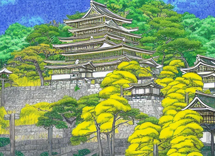 Prompt: japanese yellow fortress in a city inside the arashiyama forest by studio ghibli painting