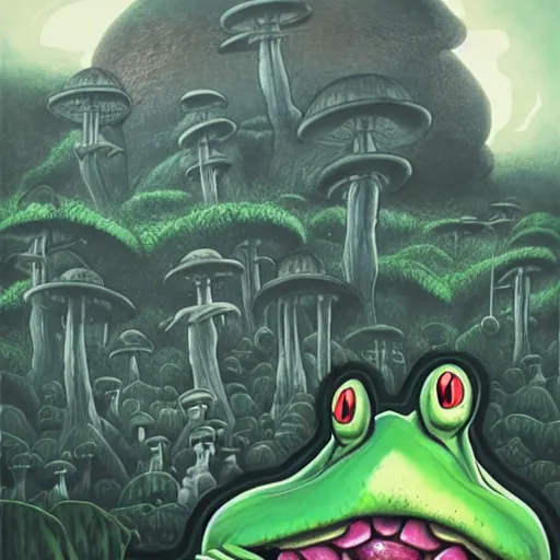 Image similar to A centered chest up portrait of a psychedelic demonic anthropomorphic frog smoking a hand-rolled cigarette smoking heavily , magic mushroom village in background . award winning. superb resolution. in the art style of junji Ito and greg rutkowski . Detailed Mushroom city in background. Hyper realistic anime. Perfect art. Dalle2