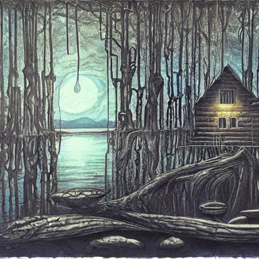 Prompt: cabin in dark forest on the lake, painting by Giger