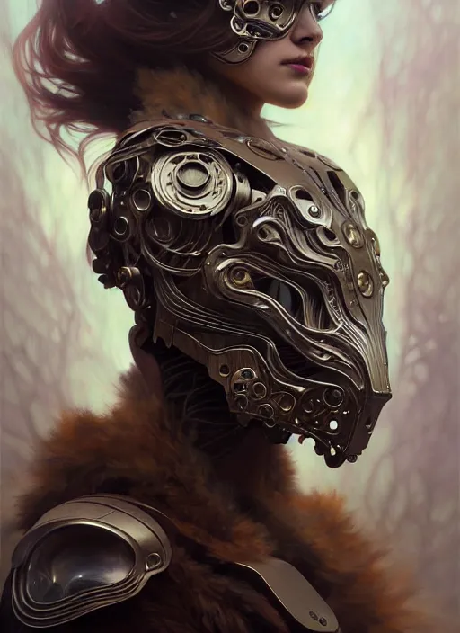 Image similar to organic cyborg, wolf mask opening, diffuse lighting, fantasy, intricate, elegant, highly detailed, lifelike, photorealistic, digital painting, artstation, illustration, concept art, smooth, sharp focus, art by John Collier and Albert Aublet and Krenz Cushart and Artem Demura and Alphonse Mucha