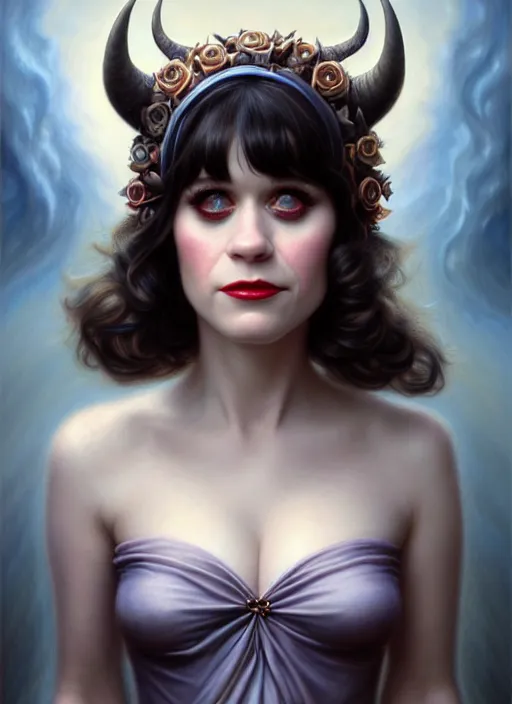 Prompt: zooey deschanel as an devil, aesthetic, fine art, intricate, elegant, highly detailed, realistic hair, centered, digital painting, art station, conceptual art, soft, sharp focus, illustration, artwork, artgerm, tomasz alen kopera, peter mohrbacher, donato giancola, wlop, boris vallejo