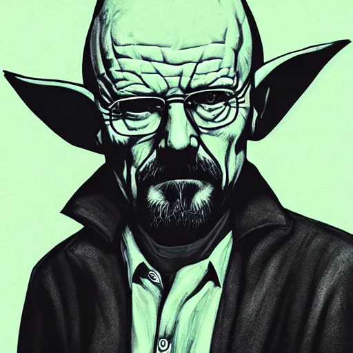 Image similar to Walter white as Yoda, punk rock, retro futuristic, featured on artstation, full body portrait