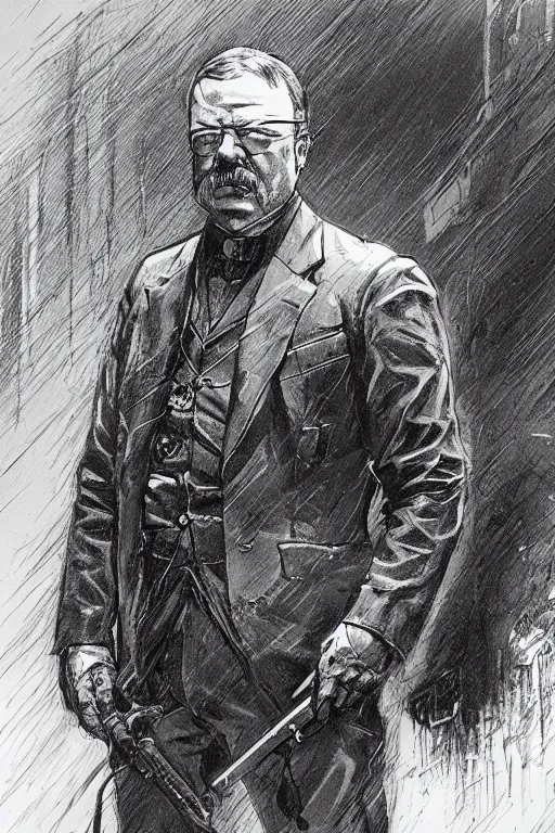 Prompt: Teddy Roosevelt. blackops spy in near future tactical gear, stealth suit, and cyberpunk headset. Blade Runner 2049. concept art by James Gurney and Mœbius.