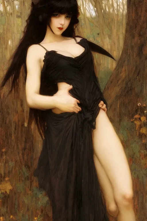 Image similar to a cute and beautiful anime girl vampire, huge black wings, baroque, elegant, in the style of john william waterhouse, edwin longsden long, theodore ralli, nasreddine dinet, gaston bussiere, craig mullins, trending on artstation, 8 k, hyper detailed,