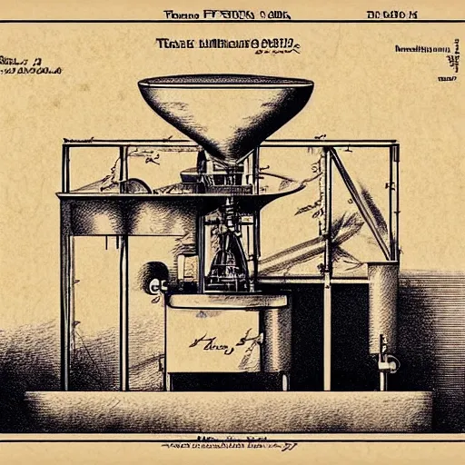 Image similar to plans for a coffee mill as drawn by thomas edison. patent filing. detailed. hd