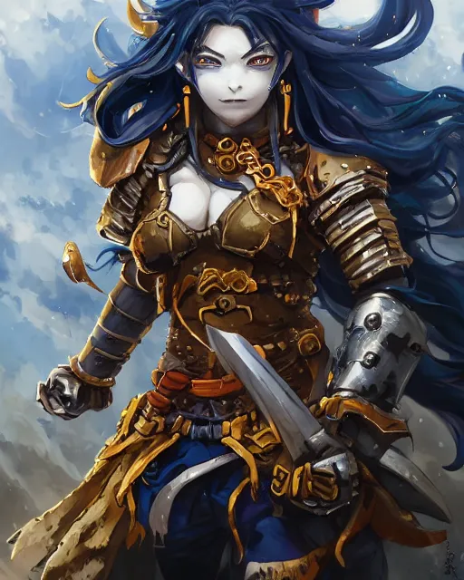 Image similar to An anime portrait of a beautiful D&D half-orc female with long wavy dark blue hair, bright orange eyes, intricate full body armour, fantasy soldier, by Stanley Artgerm Lau, WLOP, Rossdraws, James Jean, Andrei Riabovitchev, Marc Simonetti, and Sakimichan, highly detailed, ultra detailed, golden hour, trending on artstation, cgstudio