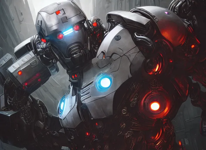 Image similar to cyborg, borg, android, strogg, face of a man, body of a robot, droid, robocop, cable, victor stone, ultron, terminator, machine, flesh, quake, doom demon, wolfenstein, monster, octane render, from an anime movie, symmetry, symmetrical, concept art by ruan jia and greg rutkowski