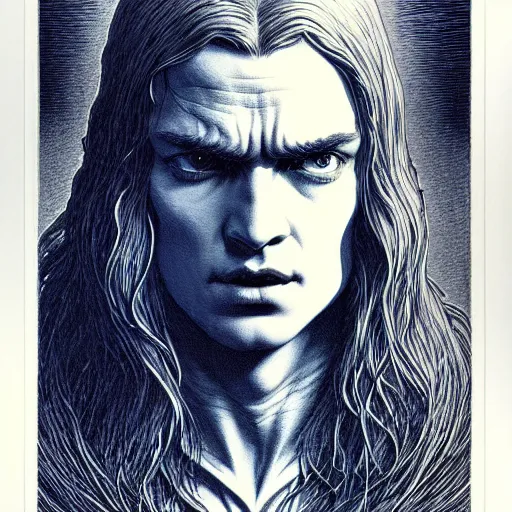 Prompt: medium portrait soft light, by bernie wrightson and joe fenton, inspired by lord of the rings, blue and grey only, etching, fine, sharp high detail,