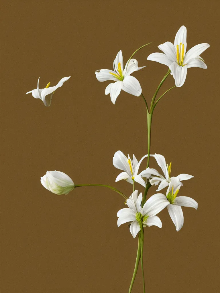 Image similar to single stem flower, st joseph lily, intricate detail, painted look, golden ratio, ethereal, infini - d - render,