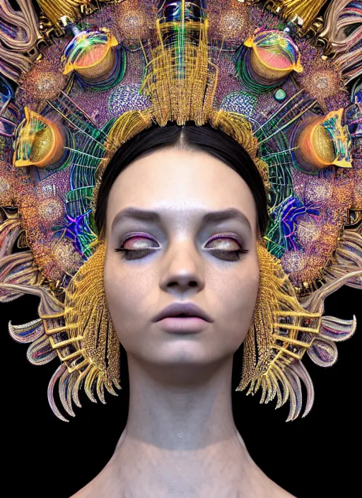 Image similar to absurdly beautiful, fashionable young woman with clear white skin, wearing a headdress made from diamonds and gold, in the fourth dimension, psychedellic, ayahausca, tryptamine, hyperdetailed illustration by irakli nadar and alexandre ferra, intricate linework, unreal engine 5 highly rendered, global illumination, radiant light, detailed and intricate environment