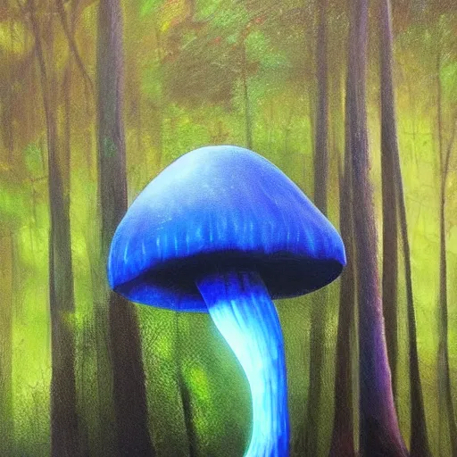 Prompt: A huge glowing blue mushroom inside a rainforest, eerie vibes, dark colors, oil painting, hyperrealism