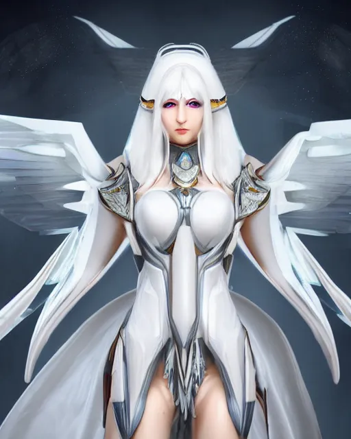 Image similar to perfect white haired attractive egyptian goddess with huge white dove wings, warframe armor, beautiful, symmetric, dreamy, half asian, pretty face, blue eyes, detailed, scifi platform, laboratory, experiment, 4 k, ultra realistic, epic lighting, android body, illuminated, cinematic, masterpiece, art by akihito tsukushi, voidstar